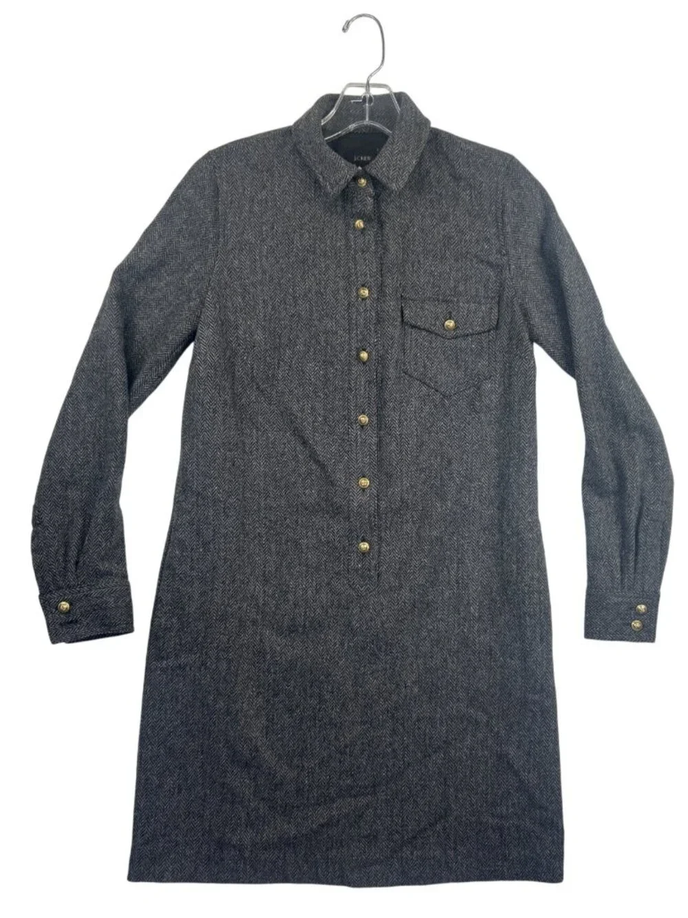 J.Crew Wool Herringbone Shirt Dress Size 00 Gray Gold Button Classic Minimalist